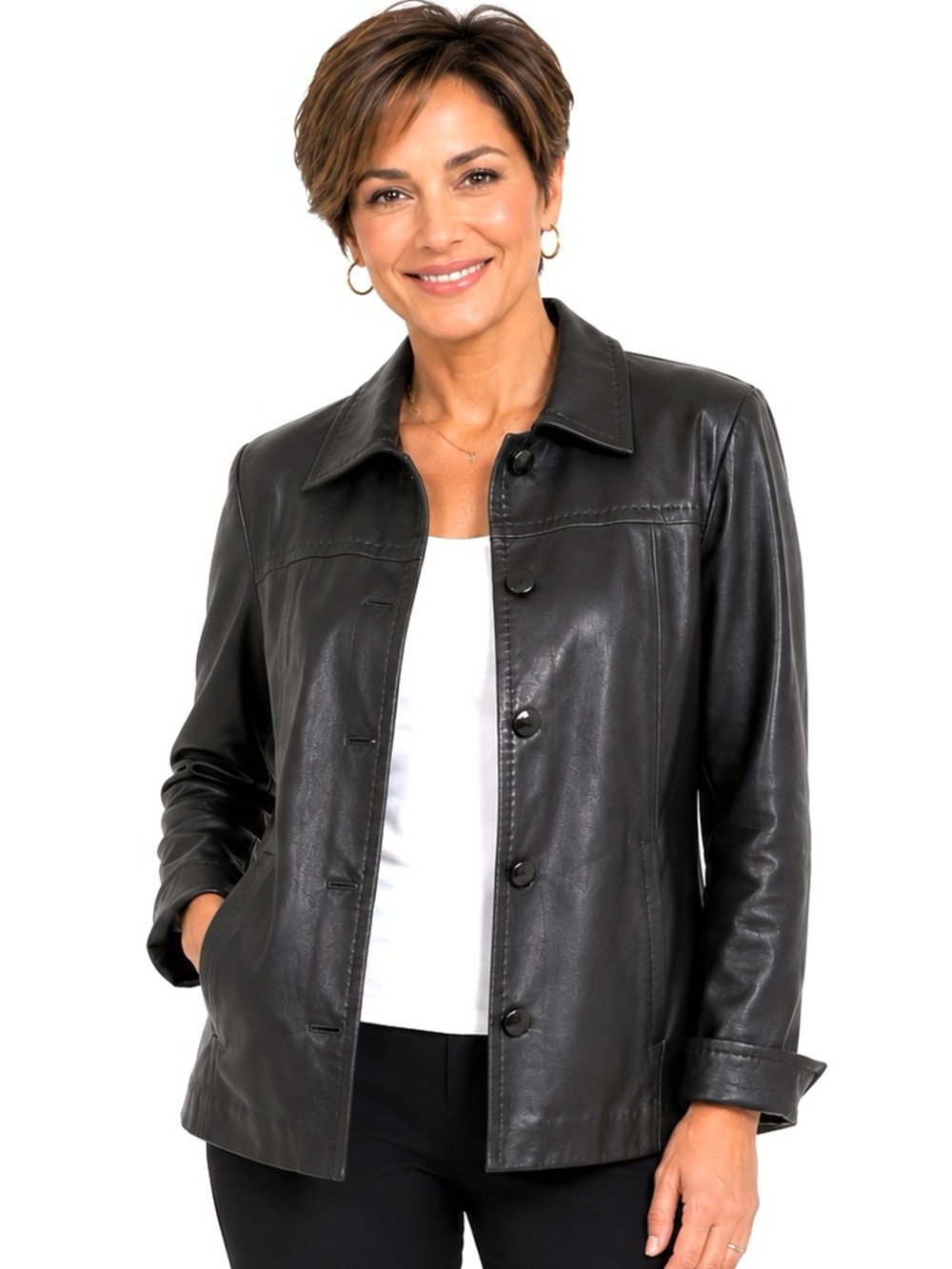 Ellen Tracy Black Genuine Leather Jacket Women’s Large L Button Front biker luxe